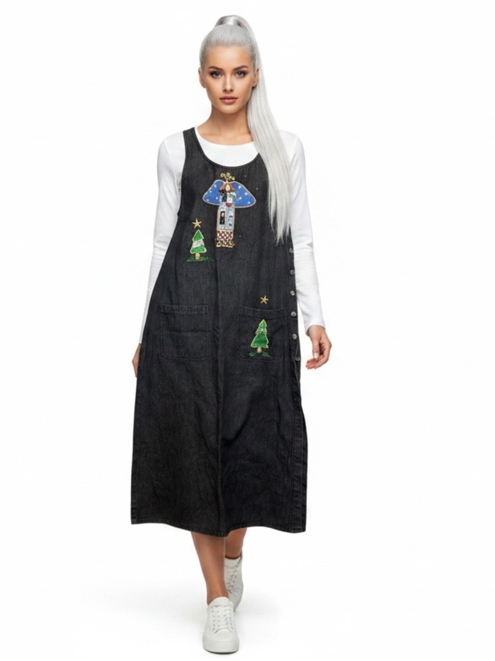 VTG 90s Quacker Factory Denim Angel Christmas Midi Jumper Dress  Size M